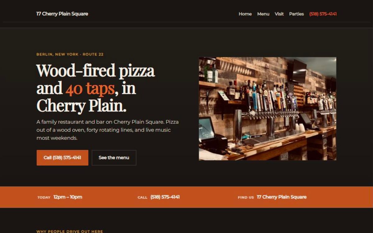 The rebuilt 17 Cherry Plain Square homepage: 'Wood-fired pizza and 40 taps, in Cherry Plain' beside a photo of the tap wall