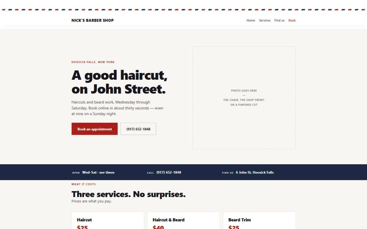 The rebuilt Nick's Barber Shop homepage: the headline 'A good haircut, on John Street', a Book an appointment button, and an empty space marked for a photo